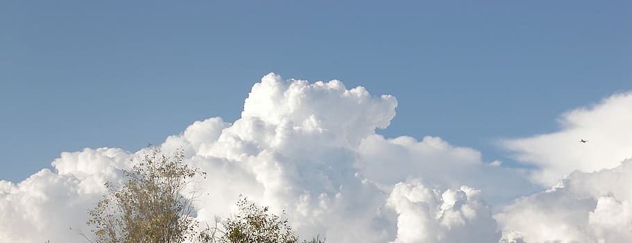Clouds, Sky, Blue, Plane, Airplane, fly, sunny, dom, white HD wallpaper