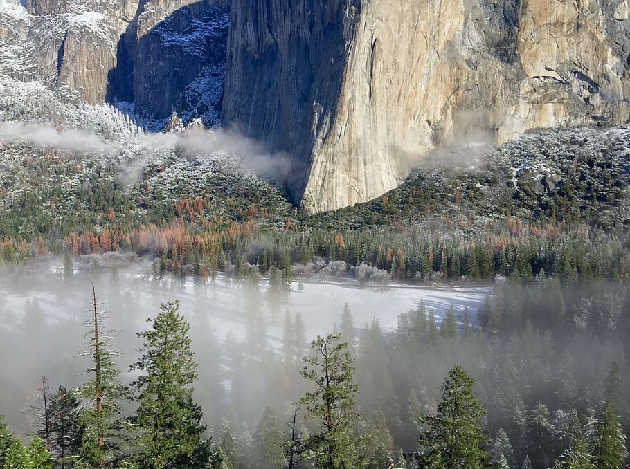 body of water near gray rock formation, gray rock formation surrounded with trees and mist HD wallpaper