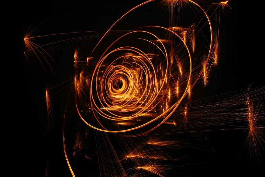 fire, sparks, circles, burn, gold, drips, night, long exposure