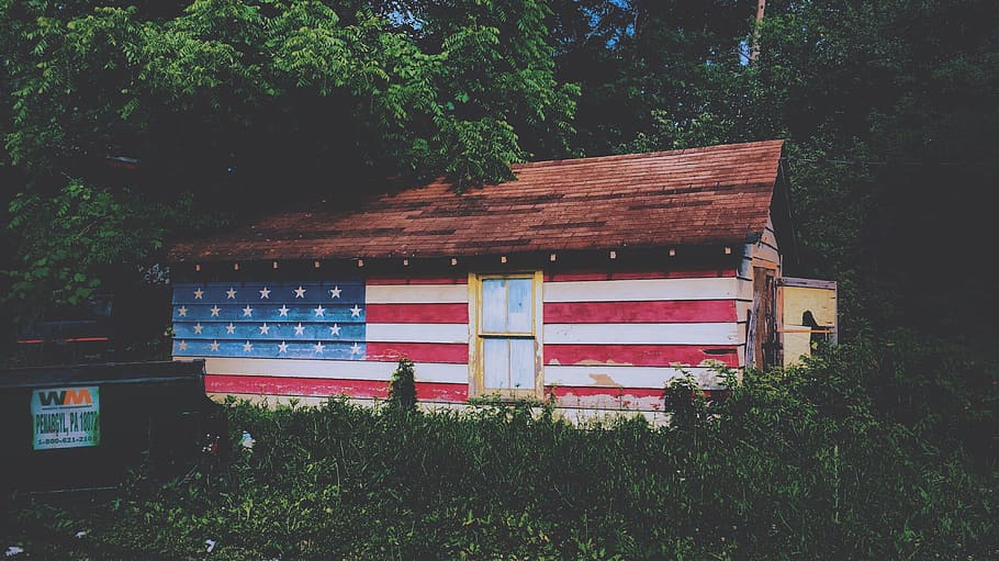 house, home, trees, flag, sovereignty, democracy, forest, woods, HD wallpaper