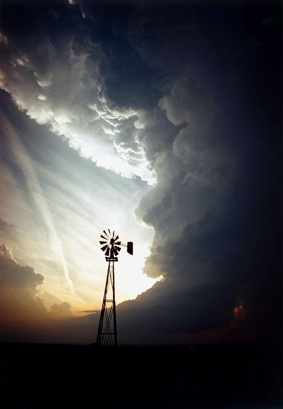 Windmill, Clouds, storm, sky, energy, nature, dark, sunlight HD wallpaper