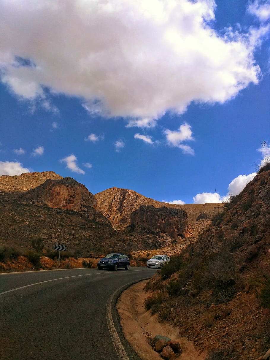 clouds, road, driving, cars, mountains, transportation, journey HD wallpaper