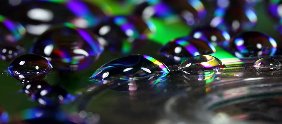 drops, water, macro, coloring, selective focus, multi colored HD wallpaper