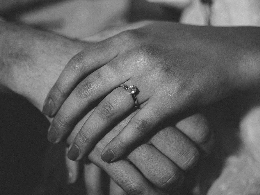 grayscale photography of human hands holding together, grayscale photography of person wearing ring HD wallpaper