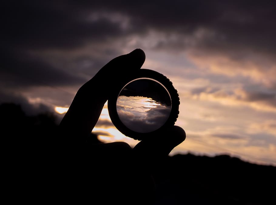 sky, cloud, lens, sun, sunrise, hand, idea, horizon, silhouette HD wallpaper