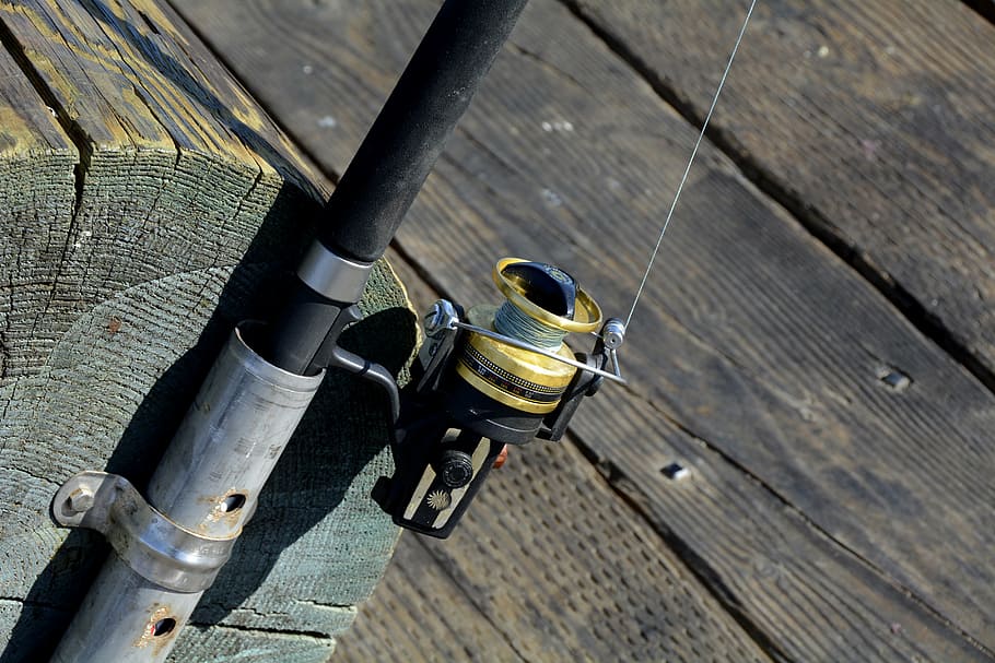 black fishing rod, fishing reel, hobby, peaceful, coast, fishing line, HD wallpaper