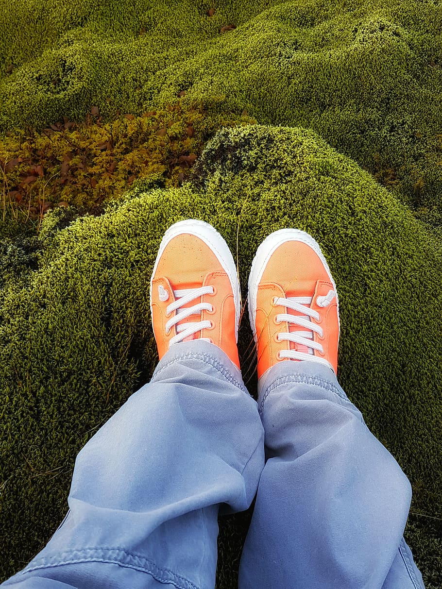 lava field, moss field, iceland, relax, orange, shoes, green moss, HD wallpaper