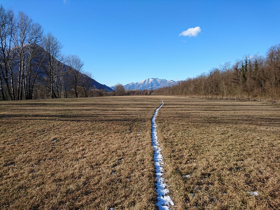 trail, track, snow, landscape, winter, traces, sky, environment HD wallpaper