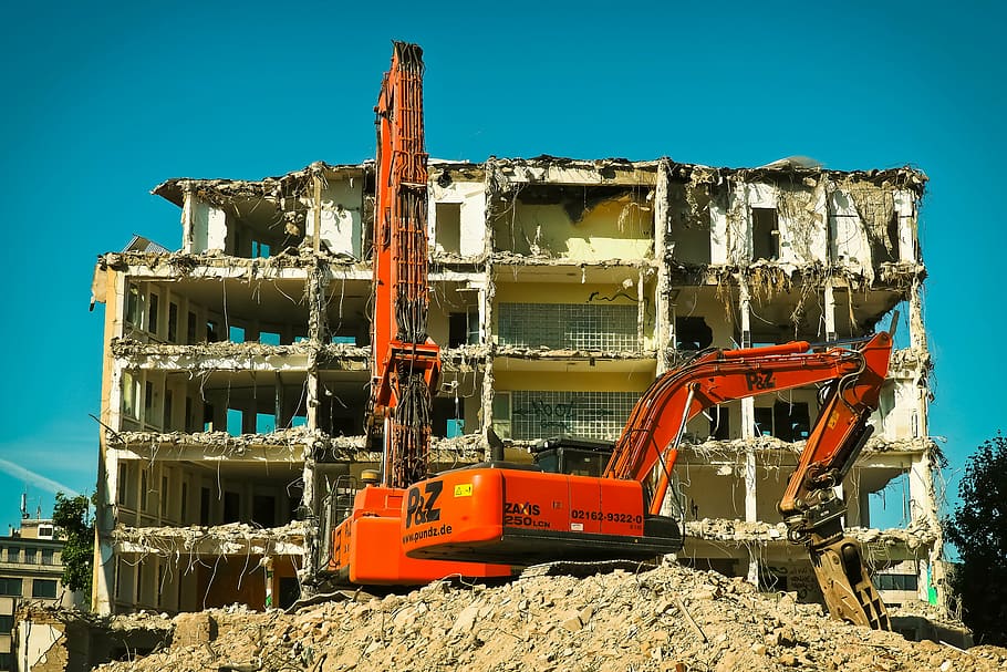 red backhoe near wrecked building, site, excavators, construction work HD wallpaper