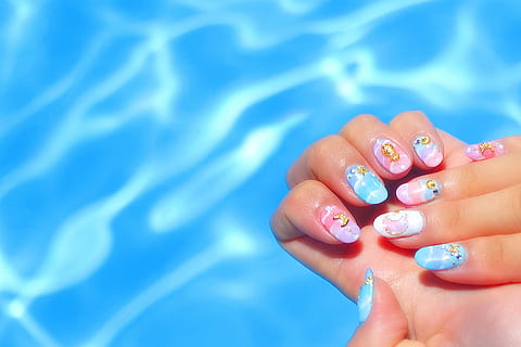 nail airt, women, water, blue, summer, beauty, females, human Hand HD wallpaper