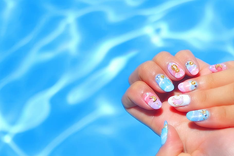 nail airt, women, water, blue, summer, beauty, females, human Hand, HD wallpaper