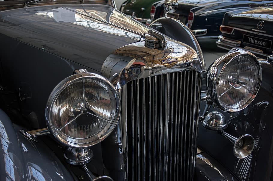 auto, lagonda, oldtimer, classic, chrome, grille, spotlight HD wallpaper