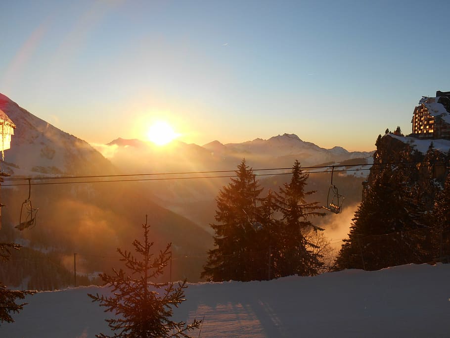 sunset, mountains, snow, winter, sky, nature, peak, rock, landscape HD wallpaper