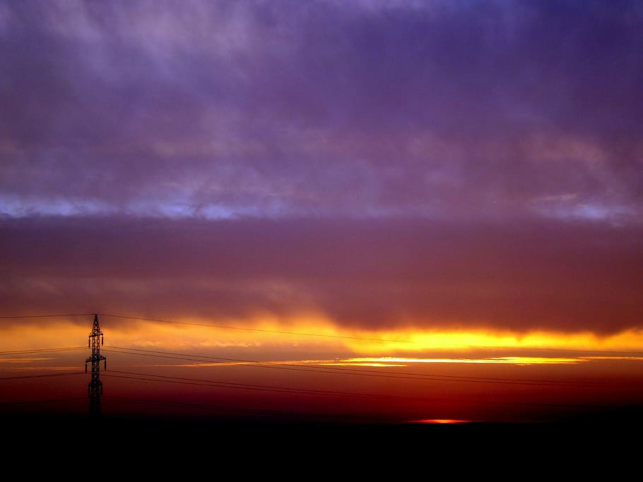 sunset, sky, cloud, in the evening, cloud - sky, electricity pylon HD wallpaper