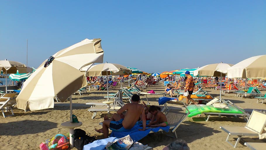 Italy, Adriatic Sea, Sand Beach, Parasol, sun lounger, holiday