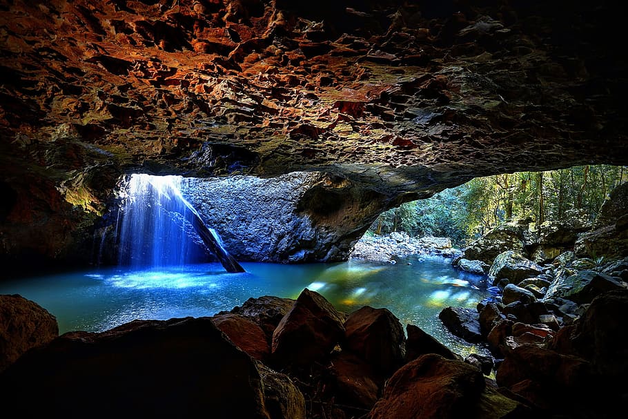 Cave, Rock, Brisbane, waterfall, nature, stream, river, rock - Object HD wallpaper
