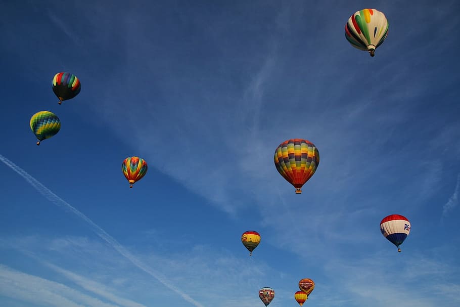 assorted used hot air ballons, balloons, rising, sky, colorful, HD wallpaper