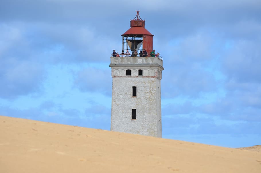 rubjerg, jutland, denmark, lighthouse, sea, beach, dunes, clouds, HD wallpaper