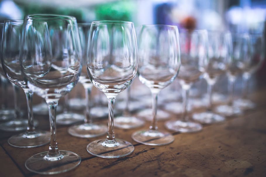 clear wine glasses, empty, passel, a lot of, white glass, food and drink HD wallpaper