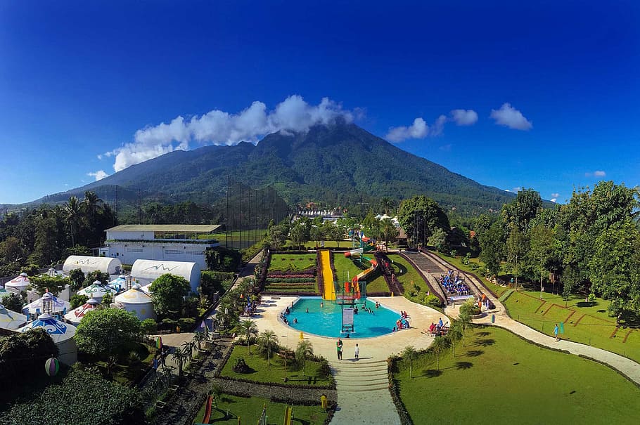 swimming pool, view, tour, sky, cloud - sky, mountain, water HD wallpaper