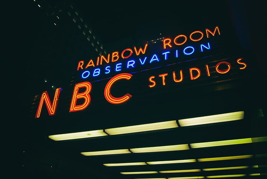 signage, studios, lights, dark, text, illuminated, neon, night HD wallpaper