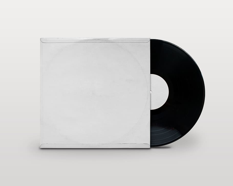 black vinyl record with white sleeve, blank vinyl record jacket