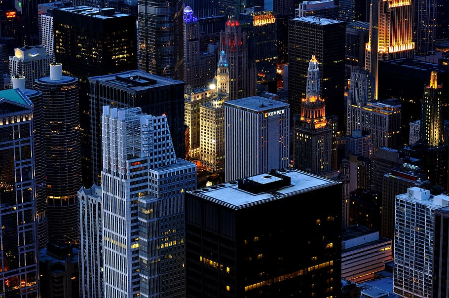 aerial photography of buildings, aerial photography of high-rise buildings during night time HD wallpaper