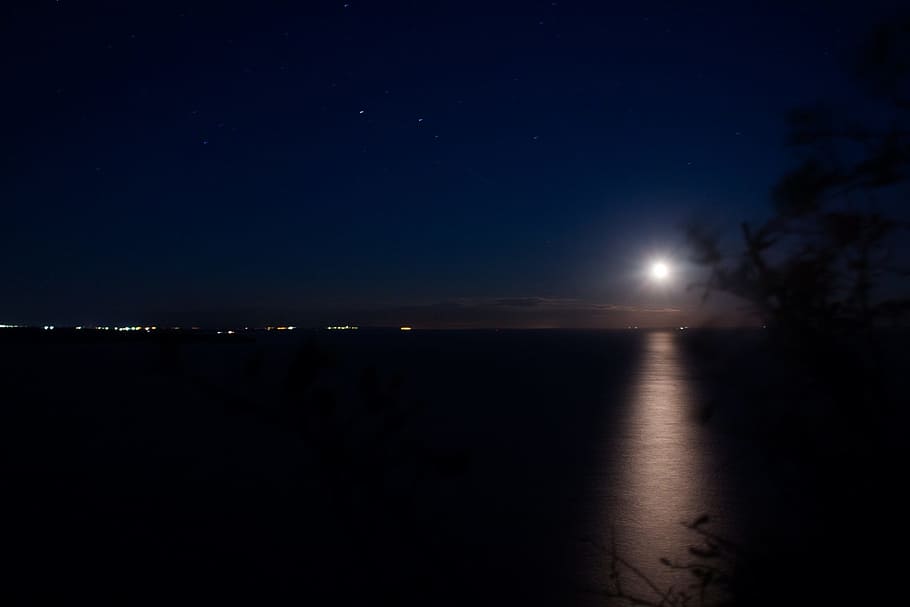 no one, landscape, sunset, moon, water, sky, evening, star HD wallpaper