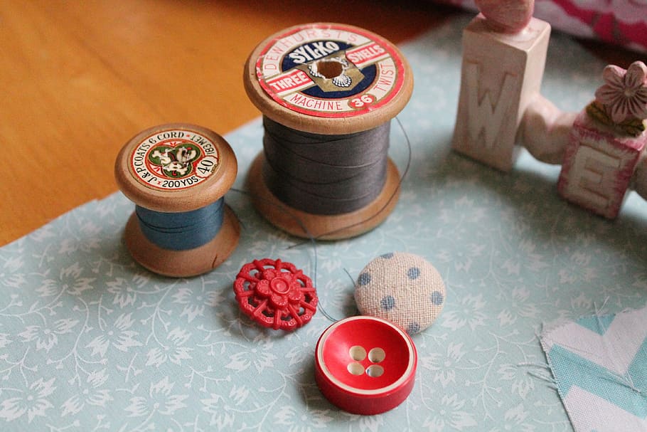 two gray and blue thread spools, buttons, sewing, textile, needle HD wallpaper