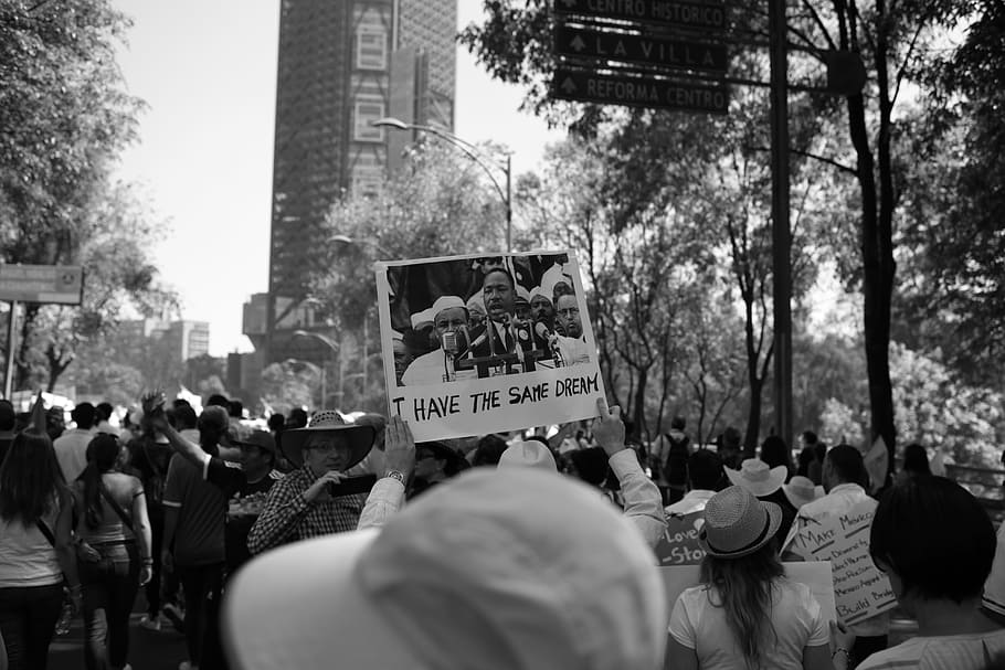 grayscale photo of people in the rally, grayscale photo of person raising a Martin Luther King Jr. photo, HD wallpaper