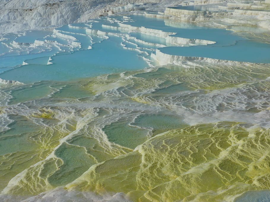photo of gray rock formations, pamukkale, lime sinter terrace