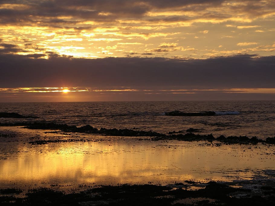 Low Tide, Sunset, Clouds, Sea, sky, ocean, beach, nature, dusk HD wallpaper