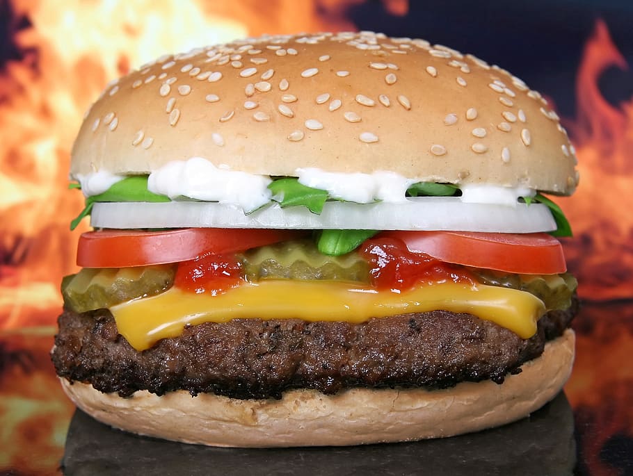 hamburger with cheese tomatoes onions and sesame seed buns HD wallpaper