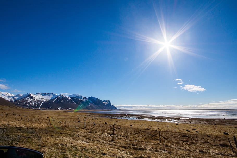 sun, sunbeam, sky, back light, landscape, iceland, mountain HD wallpaper