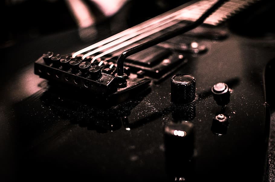 black and gray electric guitar, music, instrument, strings, musical instrument, HD wallpaper