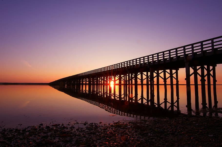 landscape photography of dock, sunset, sunrise, bridge, structure HD wallpaper