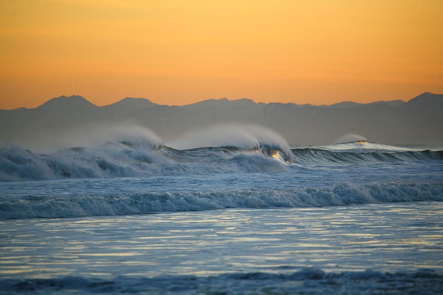 ocean waves, volcano, mountains, sunset, seascape, surf, coast HD wallpaper