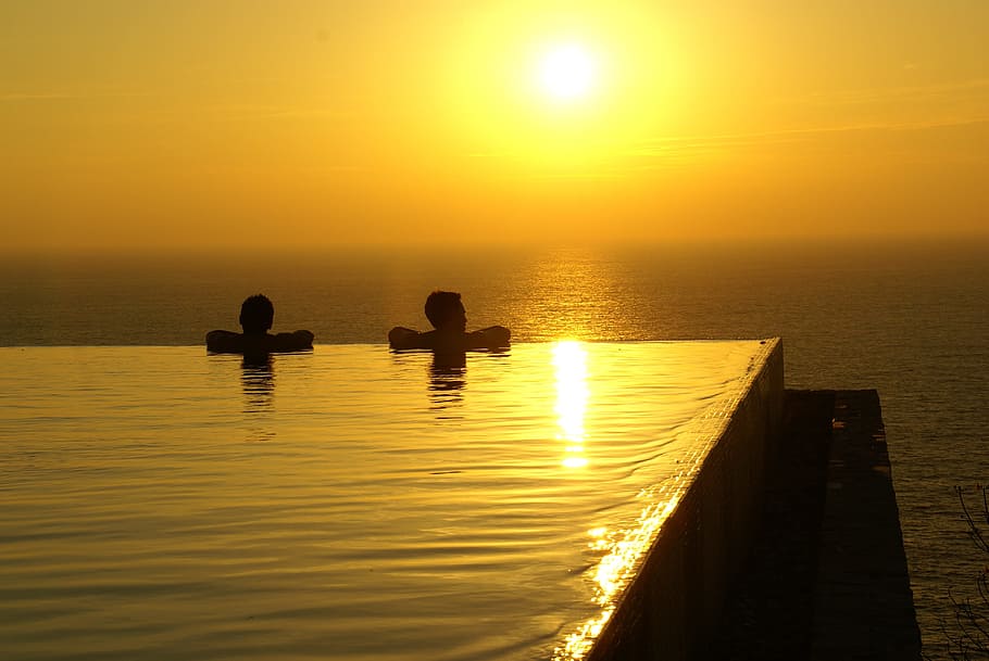 two men in body of water, Couple, Sunset, Pool, Quiet, People HD wallpaper