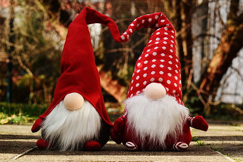 two red-and-white gnome plush toys on gray surface, imp, pair HD wallpaper