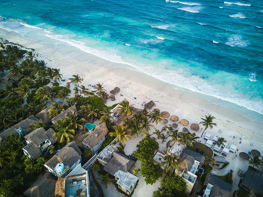 aerial photography of houses near the sea, aerial photography of blue and white ocean wave with white sand HD wallpaper