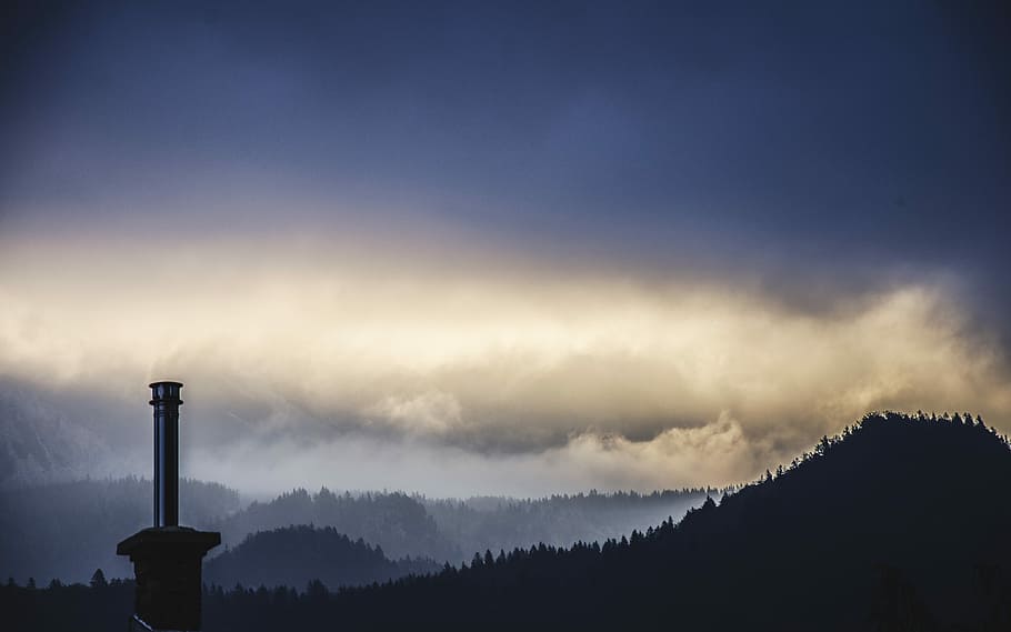 silhouette of light tower and mountain during cloudy day, chimney HD wallpaper