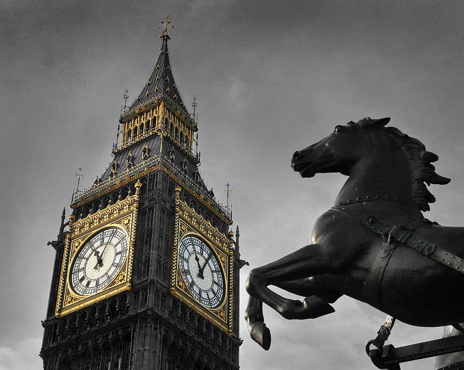Big Ben, Horse, Statue, Tower, black, watch, yellow, gold, black and white