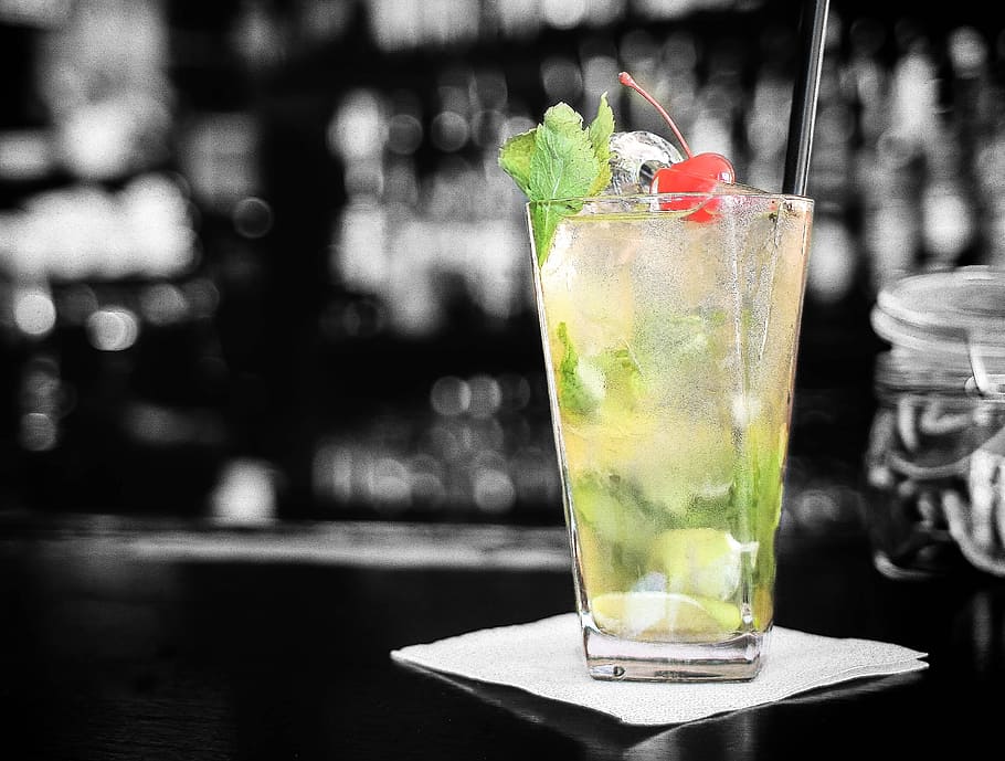 fruit beverage in glass bokeh photography, cocktail, cherry HD wallpaper