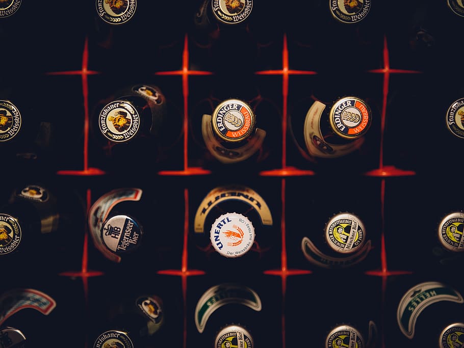 bottles in red rack, beer, case, alcohol, drinks, indoors, no people HD wallpaper