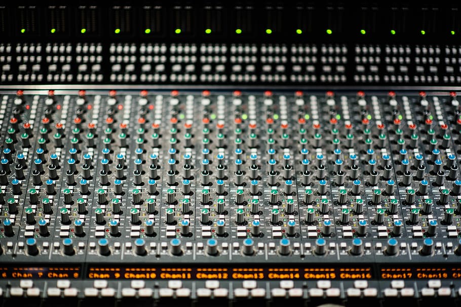 selective focus photography of black and red audio mixer, black and green studio mixer HD wallpaper