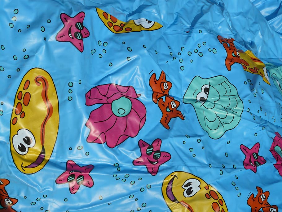 plastic wrap, comic figures, funny, printed, starfish, shell HD wallpaper