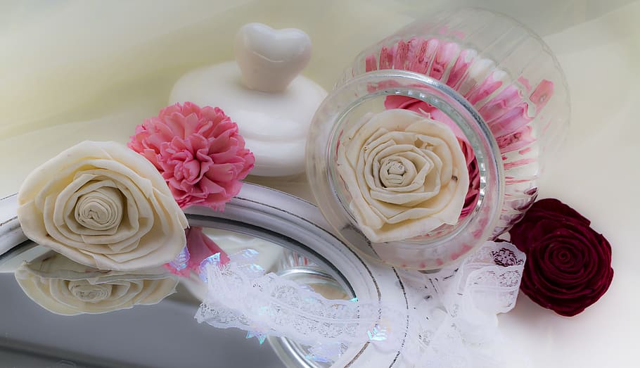 white and pink petaled flower on mirror near clear glass jar, HD wallpaper