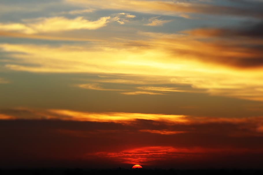 sunset, clouds, blue, orange, black, nature, cloud - sky, orange color HD wallpaper