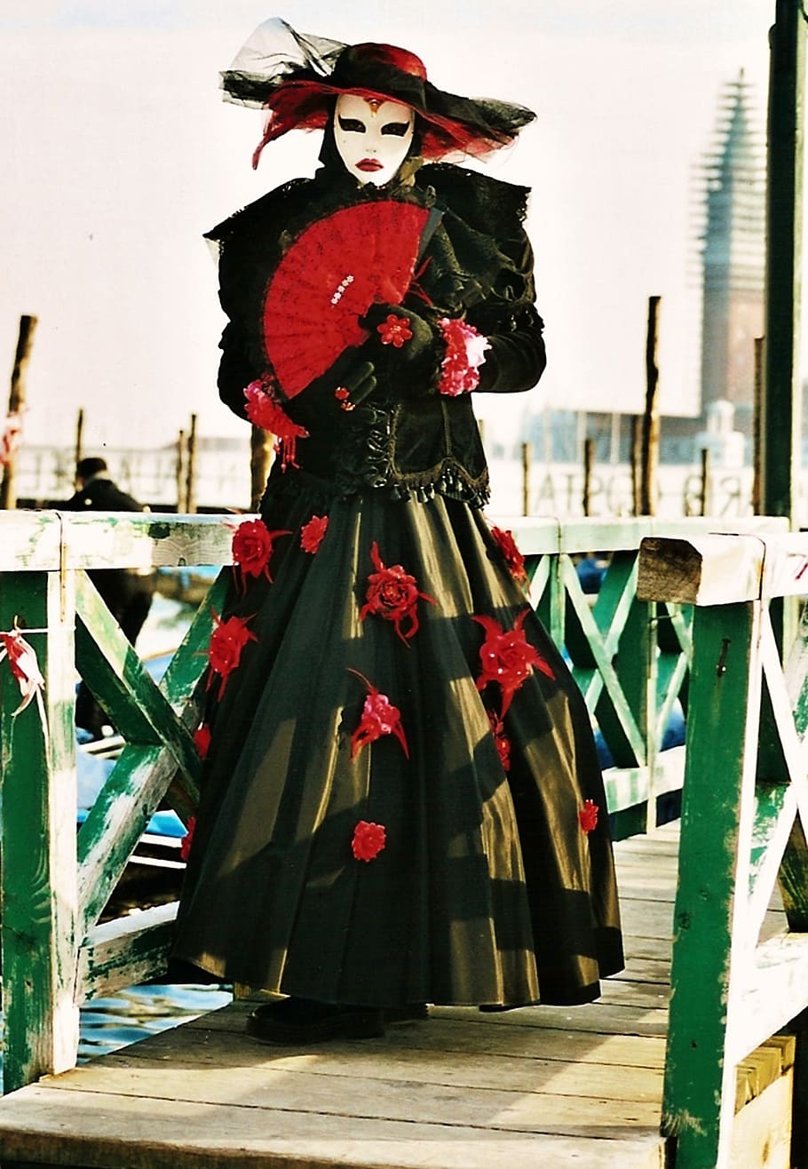 woman in black and red floral maxi dress on wooden bridge, mask, HD wallpaper