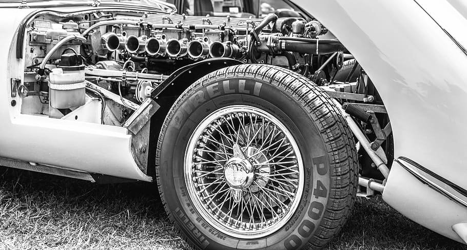 grayscale photo of vintage vehicle, jaguar, car, engine, pirelli